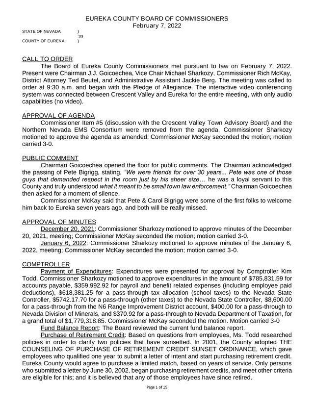 Eureka County Board Of Commissioners Meeting Minutes screenshot