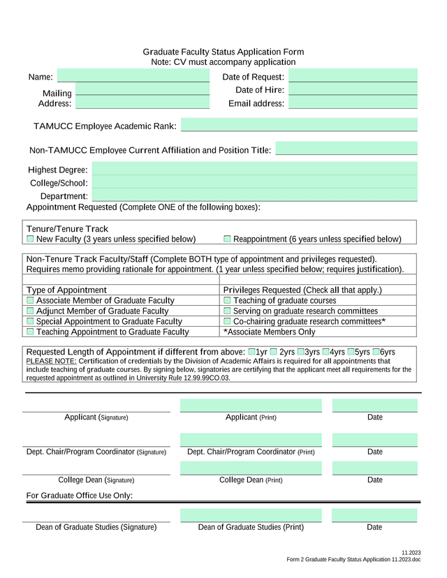 Graduate Faculty Status Application Form screenshot
