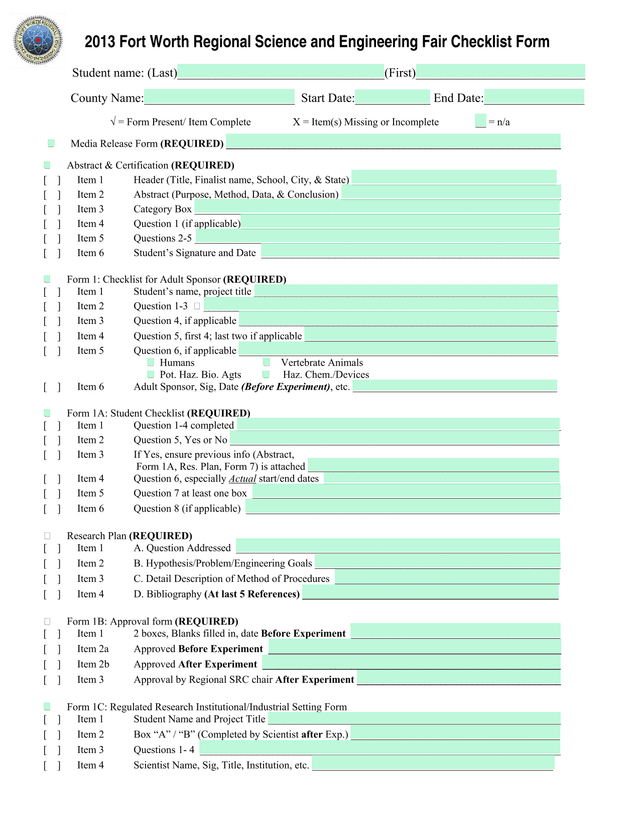 2013 Fort Worth Regional Science And Engineering Fair Checklist Form screenshot