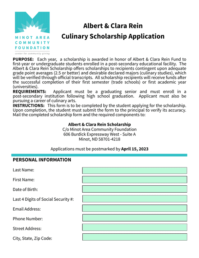 Albert  Clara Rein Culinary Scholarship Application screenshot