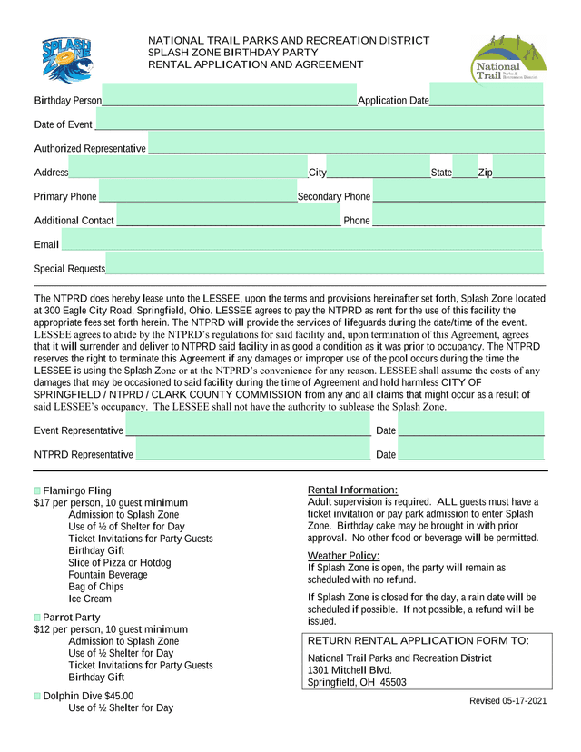 SPLASH ZONE BIRTHDAY PARTY RENTAL APPLICATION AND AGREEMENT screenshot
