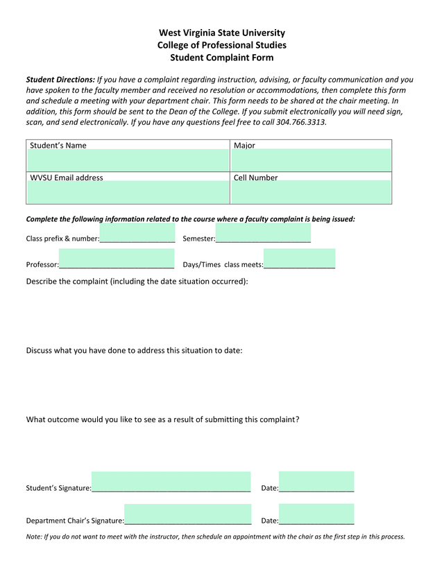 Student Complaint Form screenshot