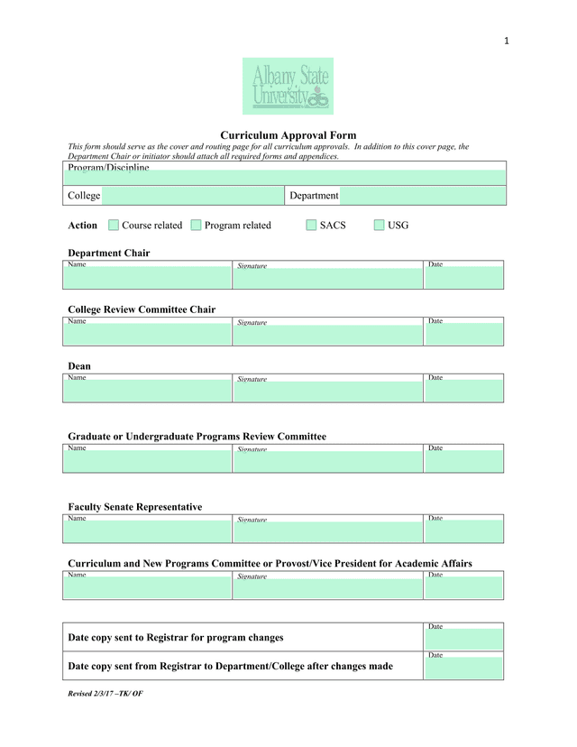 Curriculum Approval Form screenshot