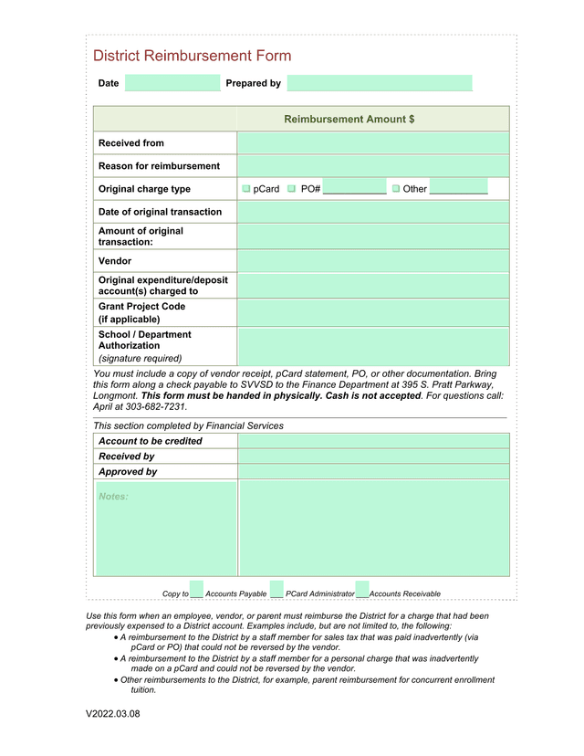 District Reimbursement Form screenshot