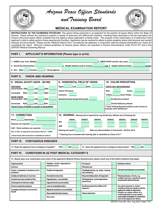 Arizona Peace Officer Standards And Training Board Medical Examination Report screenshot