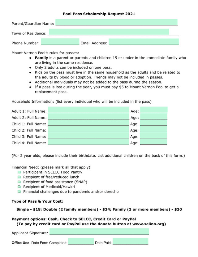 Pool Pass Scholarship Request 2021 screenshot