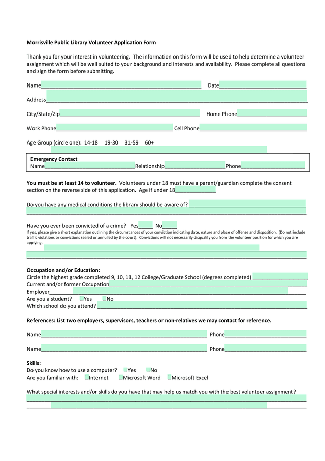 Morrisville Public Library Volunteer Application Form screenshot
