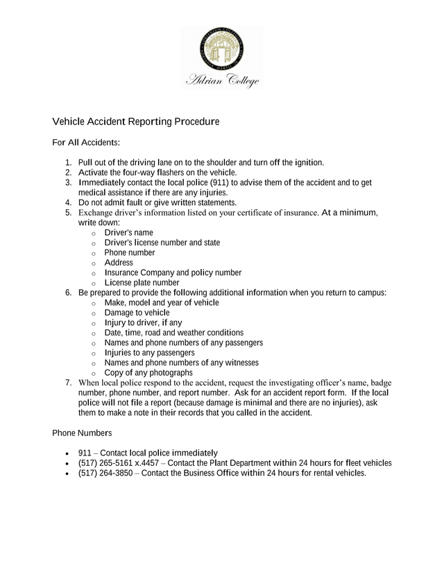 Vehicle Accident Reporting Procedure screenshot