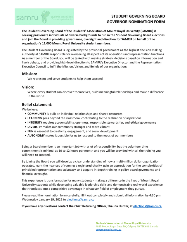 Student Governing Board Governor Nomination Form screenshot