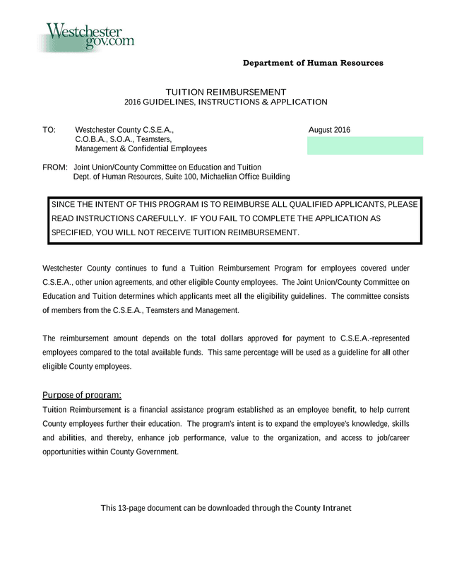 Tuition Reimbursement 2016 Guidelines, Instructions  Application screenshot