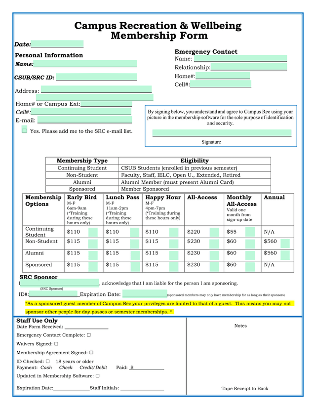 Campus Recreation  Wellbeing Membership Form screenshot