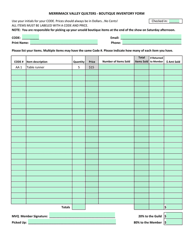 Merrimack Valley Quilters   Boutique Inventory Form screenshot