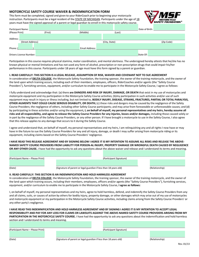 Motorcycle Safety Course Waiver  Indemnification Form screenshot