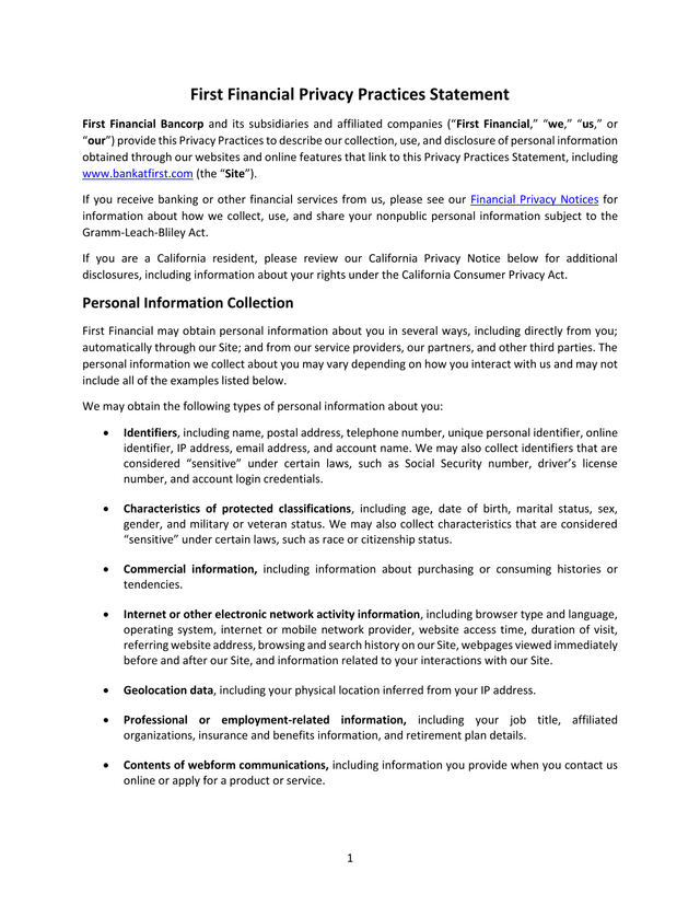First Financial Privacy Practices Statement screenshot