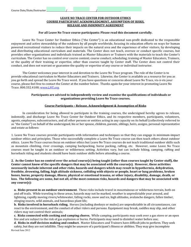 Leave No Trace Center For Outdoor Ethics Course Participant Acknowledgment, Assumption Of Risks, Rel screenshot