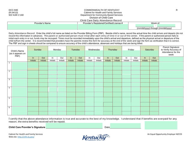 Child Care Daily Attendance Record screenshot