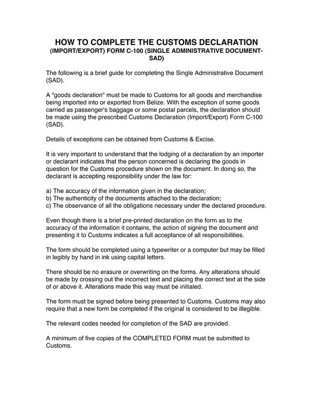 Customs Declaration (ImportExport) Form C 100 (Single Administrative Document SAD) Guide screenshot