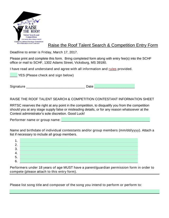 Raise The Roof Talent Search  Competition Entry Form screenshot