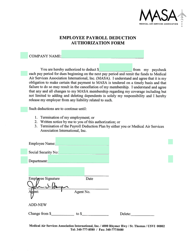 MASA Medical Air Services Association Employee Payroll Deduction Authorization Form screenshot