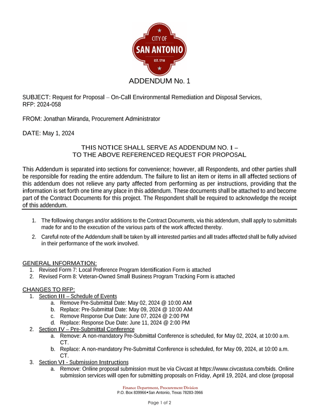 Addendum No. 1   Request For Proposal On Call Environmental Remediation And Disposal Services screenshot