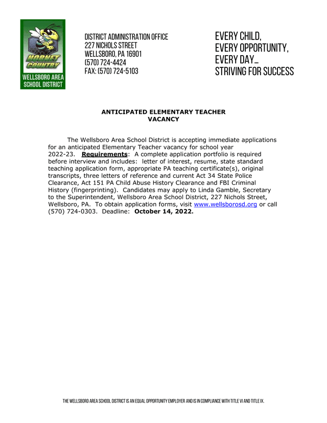 Anticipated Elementary Teacher Vacancy screenshot