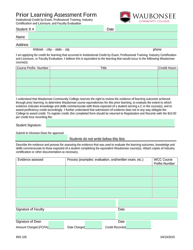 Prior Learning Assessment Form screenshot