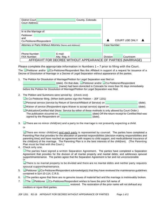 JDF 1201 AFFIDAVIT FOR DECREE WITHOUT APPEARANCE OF PARTIES screenshot