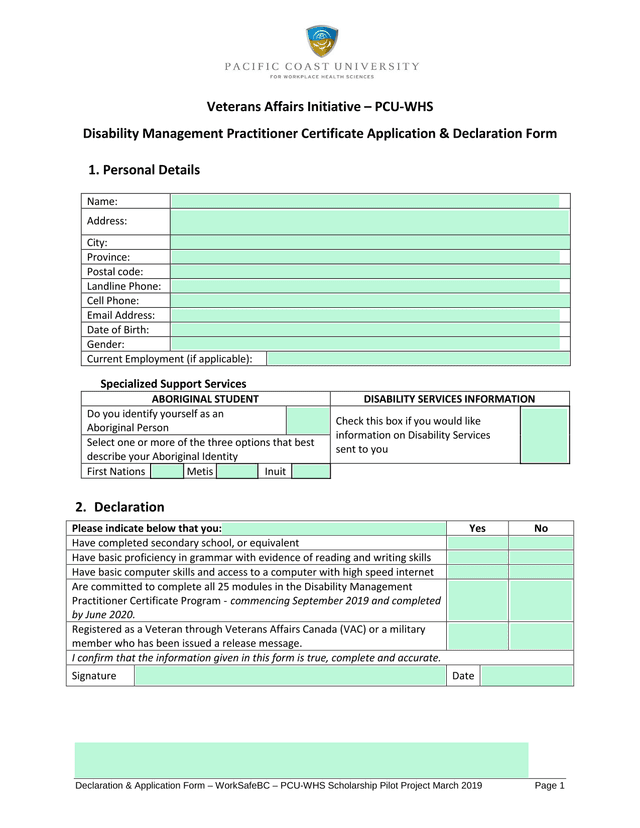 Declaration  Application Form  WorkSafeBC  PCU WHS Scholarship Pilot Project screenshot
