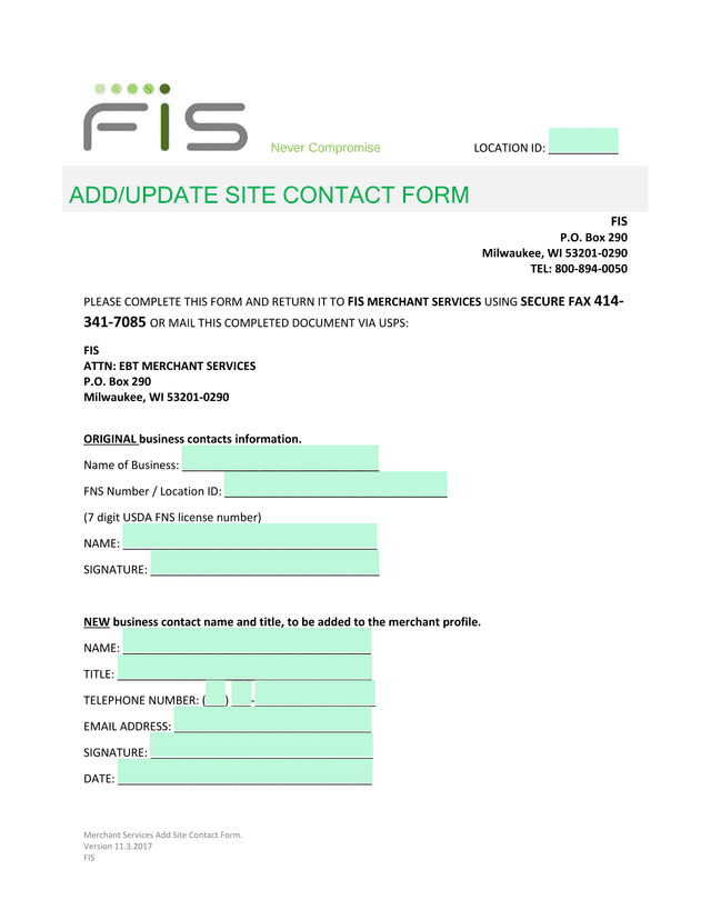 Merchant Services Add Site Contact Form screenshot