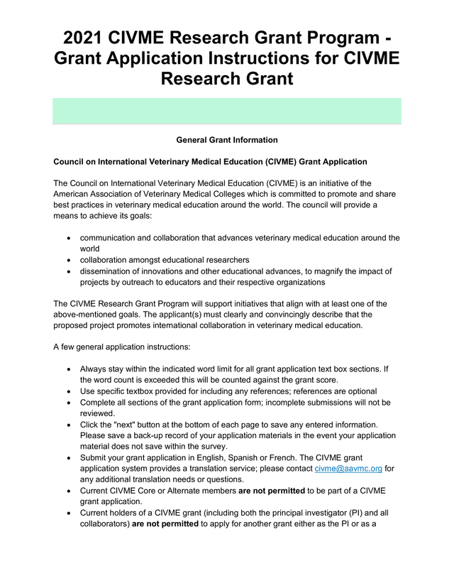 2021 CIVME Research Grant Program   Grant Application Instructions screenshot
