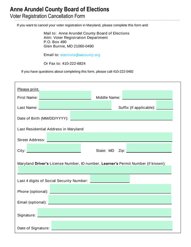 Voter Registration Cancellation Form screenshot