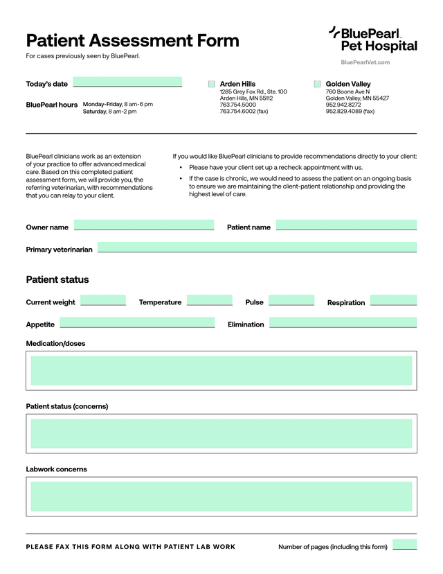 BluePearlVet.Com Patient Assessment Form screenshot