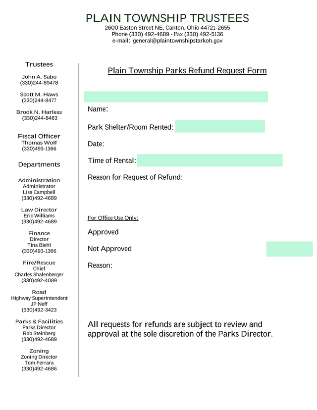 Plain Township Parks Refund Request Form screenshot