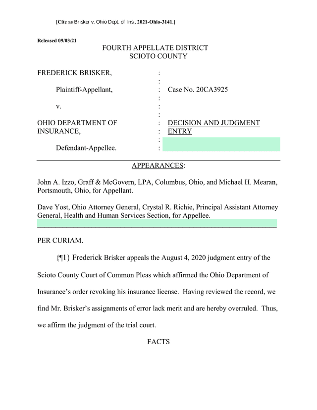 Brisker V. Ohio Dept. Of Ins., 2021 Ohio 3141 screenshot