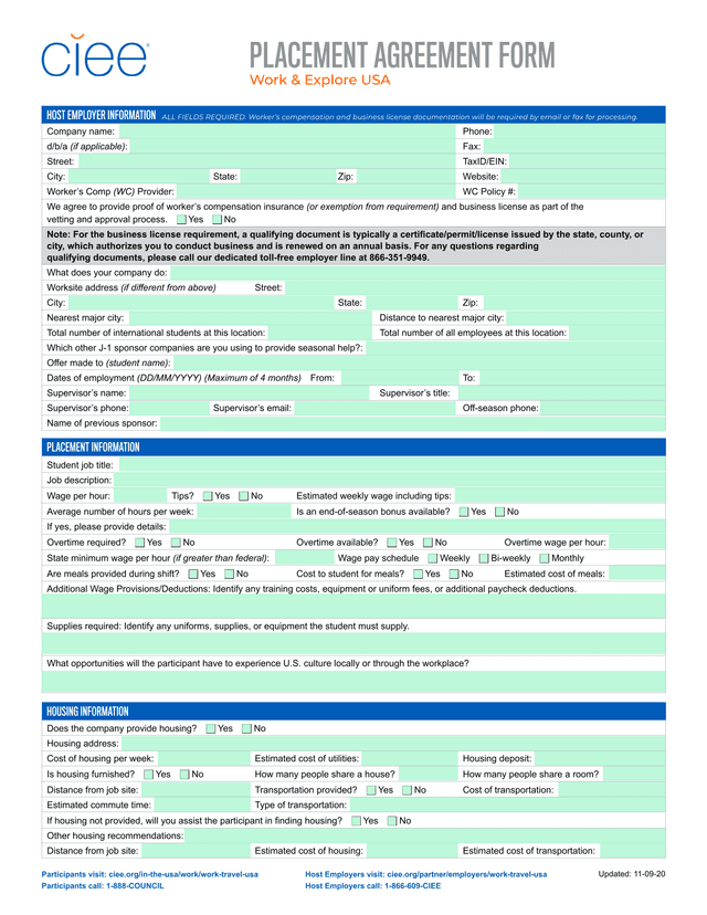 Work  Explore USA Placement Agreement Form screenshot