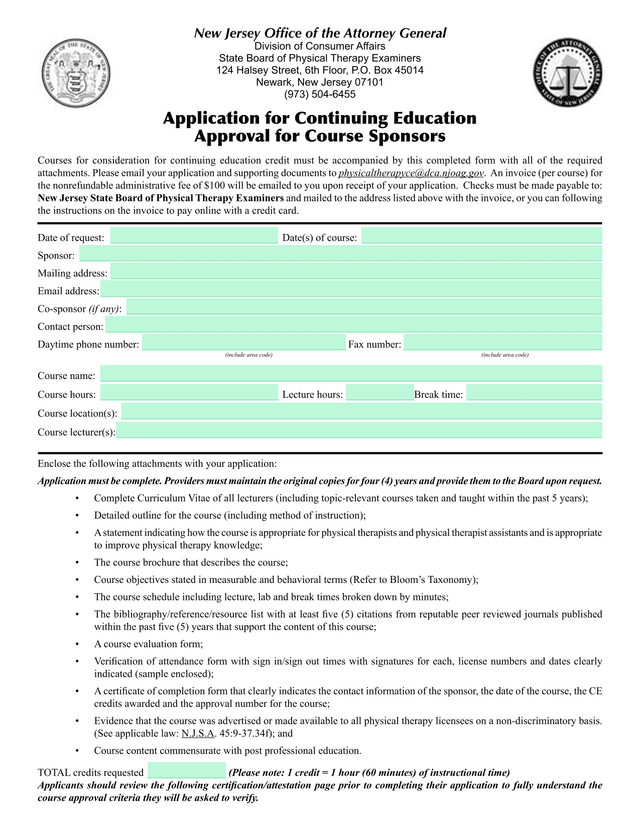 Application For Continuing Education Approval For Course Sponsors screenshot