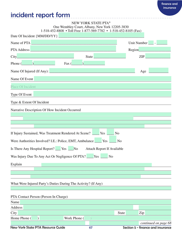 New York State PTA Incident Report Form screenshot
