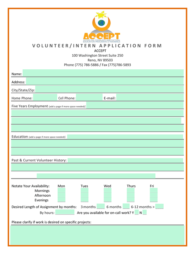 VolunteerIntern Application Form screenshot