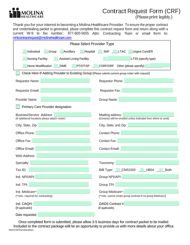 Contract Request Form (CRF) screenshot