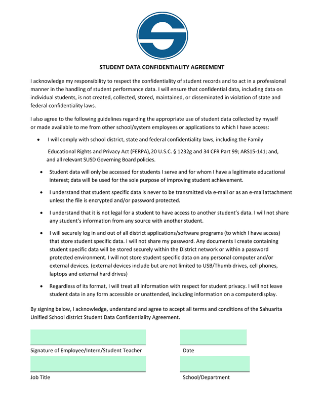 Student Data Confidentiality Agreement screenshot