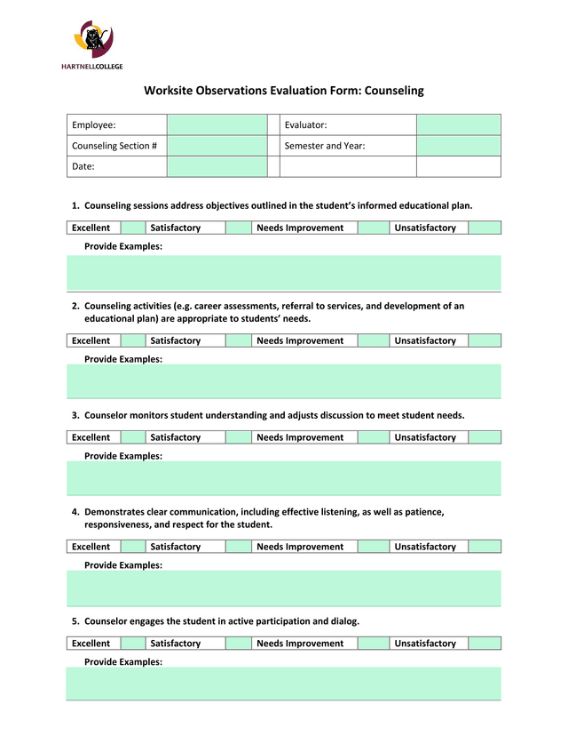 Worksite Observations Evaluation Form Counseling screenshot