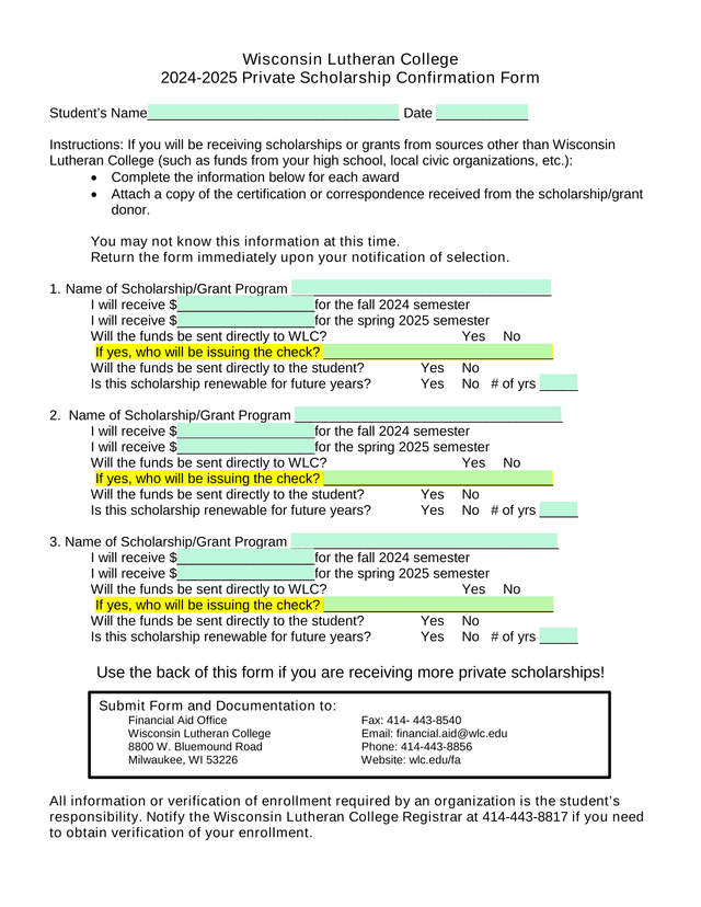 2024 2025 Private Scholarship Confirmation Form screenshot