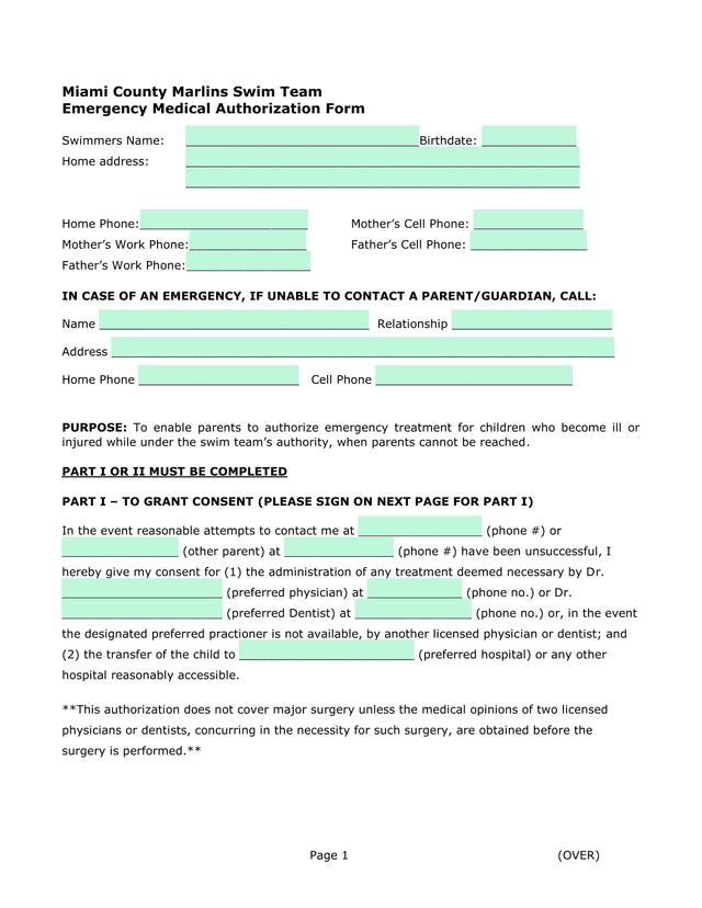 Miami County Marlins Swim Team Emergency Medical Authorization Form screenshot