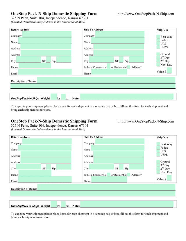 OneStop Pack N Ship Domestic Shipping Form screenshot