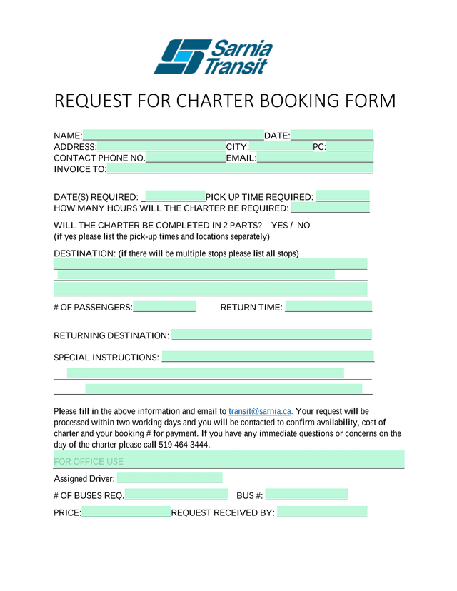 REQUEST FOR CHARTER BOOKING FORM screenshot