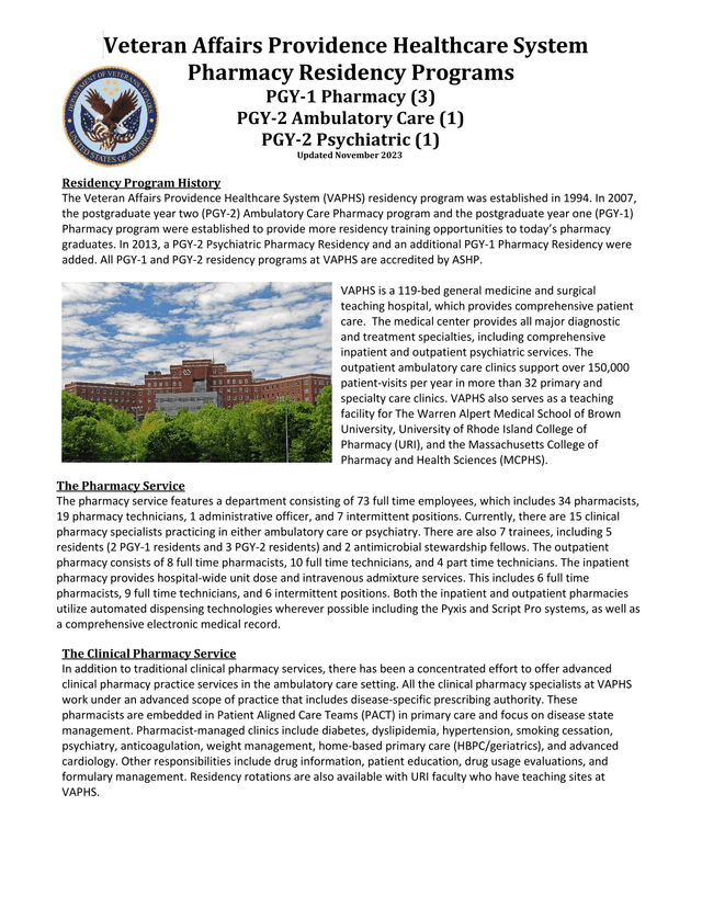 Veteran Affairs Providence Healthcare System Pharmacy Residency Programs screenshot