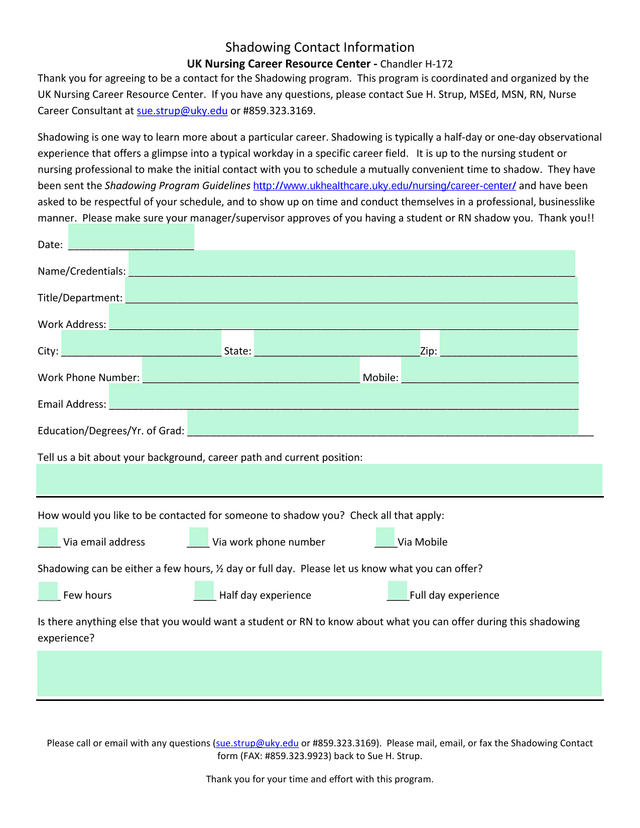 Shadowing Contact Information Form screenshot