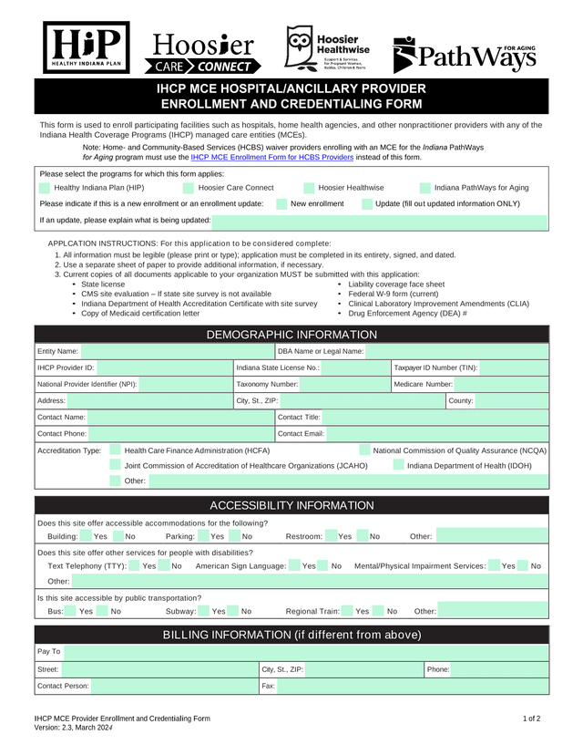 IHCP MCE Provider Enrollment And Credentialing Form screenshot