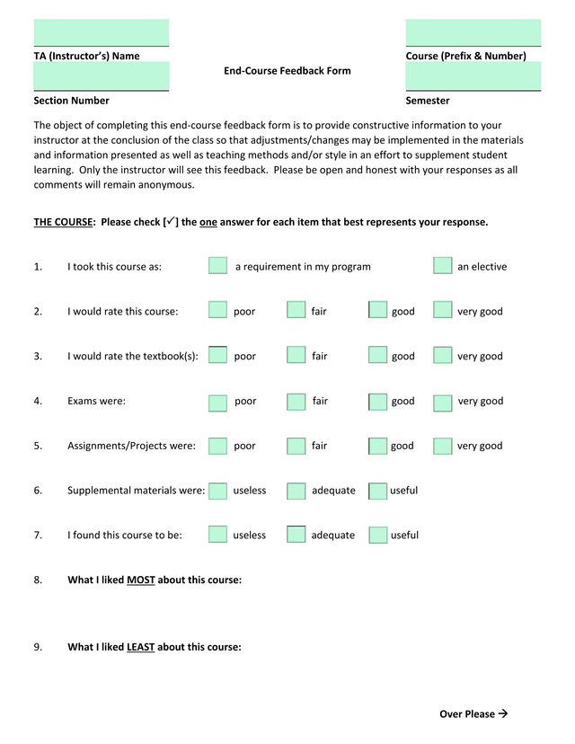 End Course Feedback Form screenshot