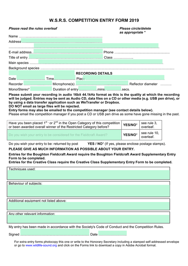 W.S.R.S. COMPETITION ENTRY FORM 2019 screenshot